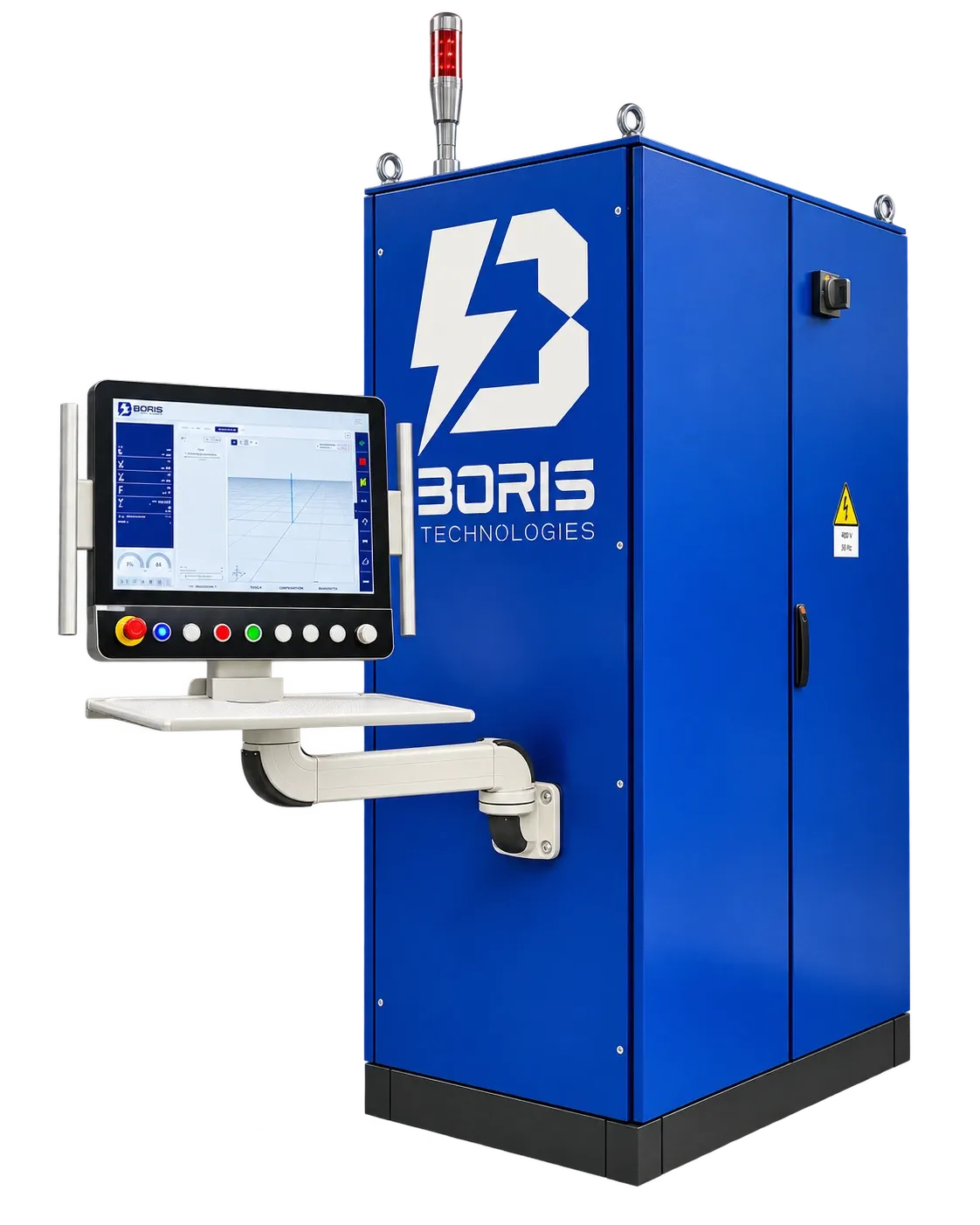 Generatore Boris: armadio elettrico con pannello di controllo B‑Spark su braccio orientabile